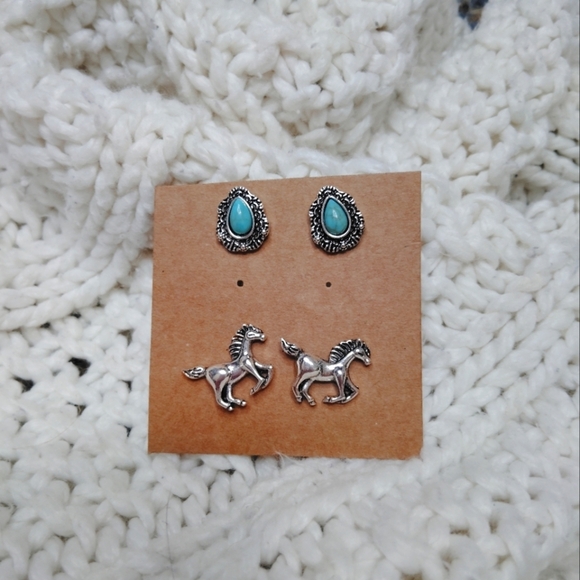 boutique Accessories - 2 for 25$ Silver Horse Earrings with Turquoise Accents